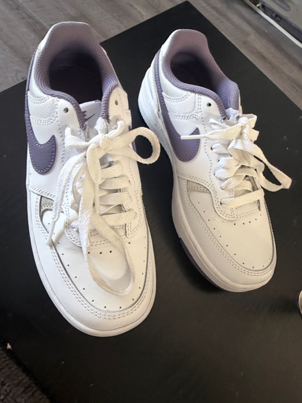Nike White Gamma Force Sneakers with Lavender Swoosh